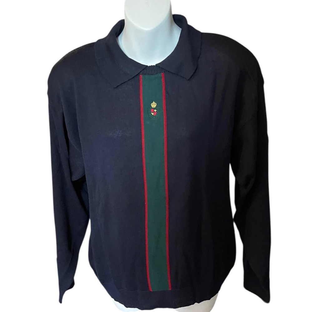 Vintage Koret Navy Collared Sweater Embroidered Crest Stripe Wool Blend Size XL